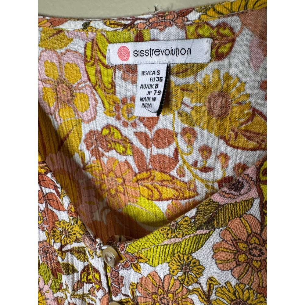 Retro 70s Boho Floral Mini Dress Smocked Waist Cottagecore Small - Picture 4 of 10